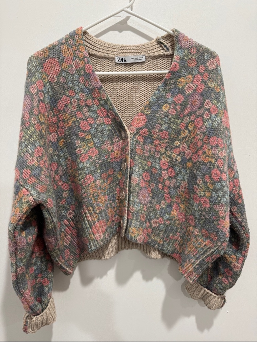 Zara Gray Floral Knit Cardigan with Pink Accents